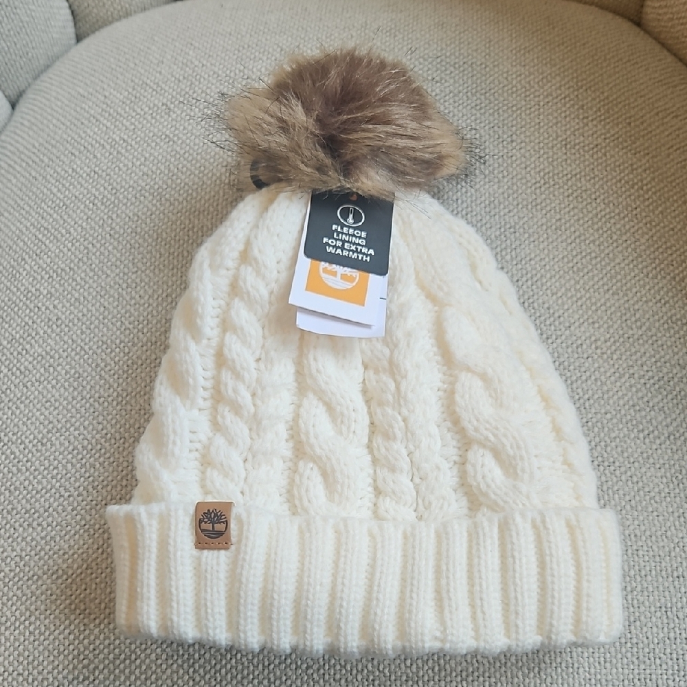 Timberland Kids Ivory Cable Knit Beanie with Pom-Pom